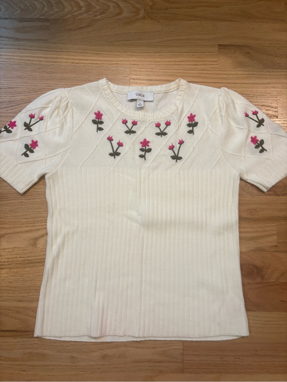 CeCe Cream Short-Sleeve Knit Top with Pink Floral Embroidery